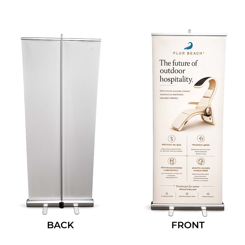 Roll-up banner with branding and product display on a white background