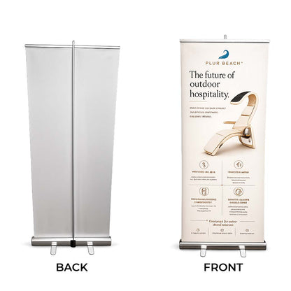 Roll-up banner with branding and product display on a white background